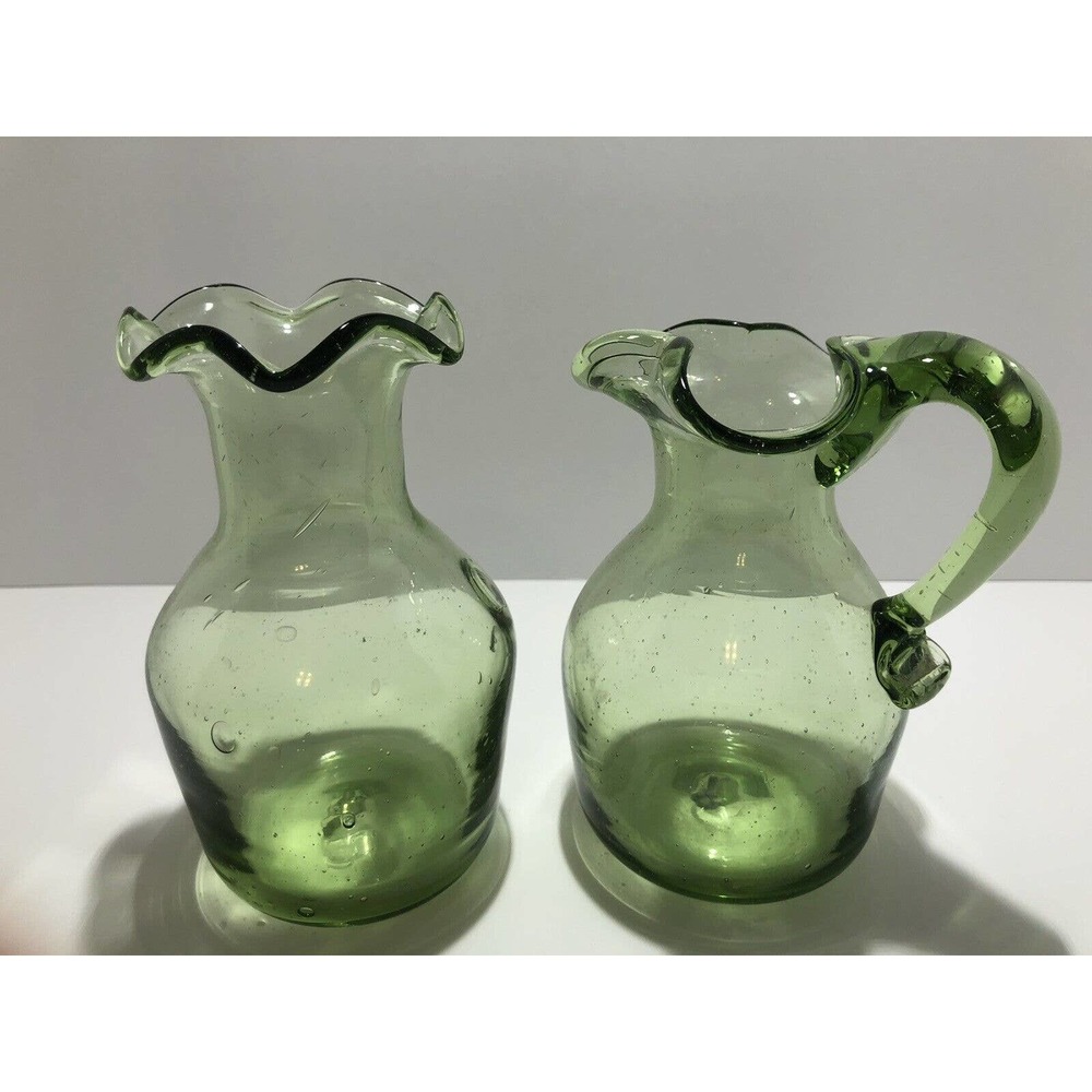 Art Glass Blown Green Small Vintage Creamer With Applied Handled & Ruffled Vase